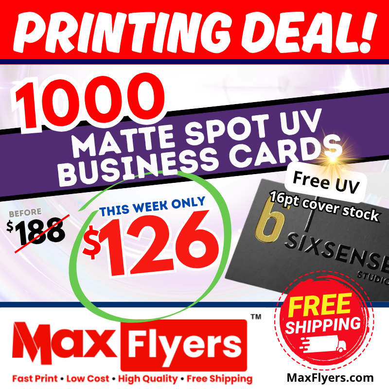 1000 Matte Spot UV Business Cards 16pt Full Color 2 Sides