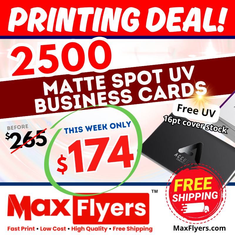 2500 Matte Spot UV Business Cards 16pt Full Color 2 Sides