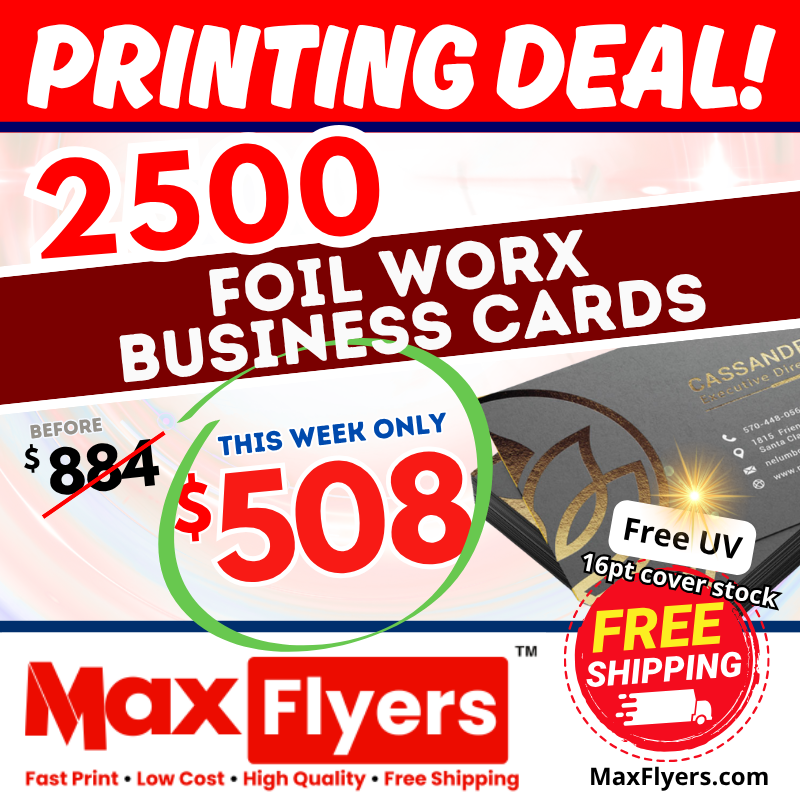 2500 Foil Worx Business Cards 16pt Full Color 2 Sides