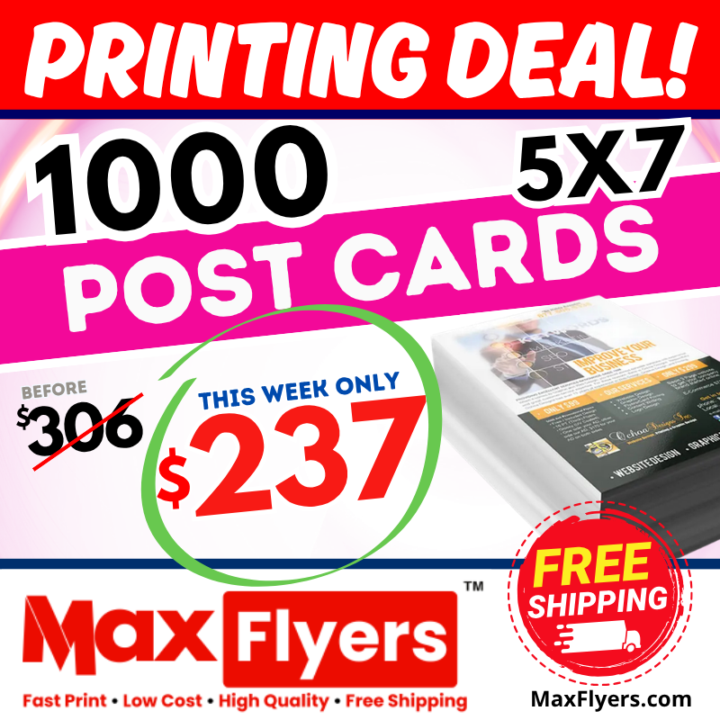 1000 5x7 Postcards 12pt Full Color 2 Sides