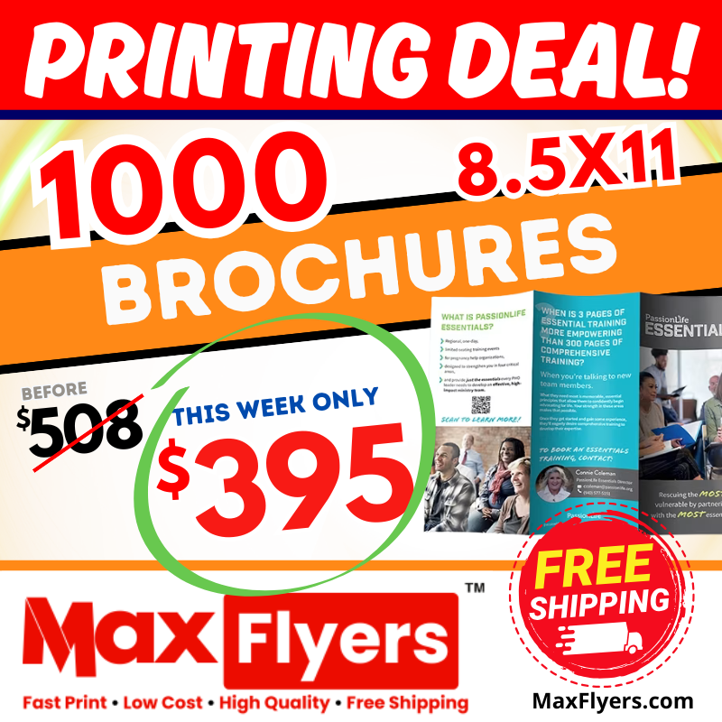 1000 8.5x11 Brochures trifold 100# Gloss Text Full Color 2 Sides