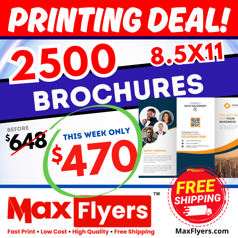 2500 8.5x11 Brochures trifold 100# Gloss Text Full Color 2 Sides