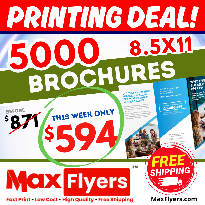5000 8.5x11 Brochures trifold 100# Gloss Text Full Color 2 Sides