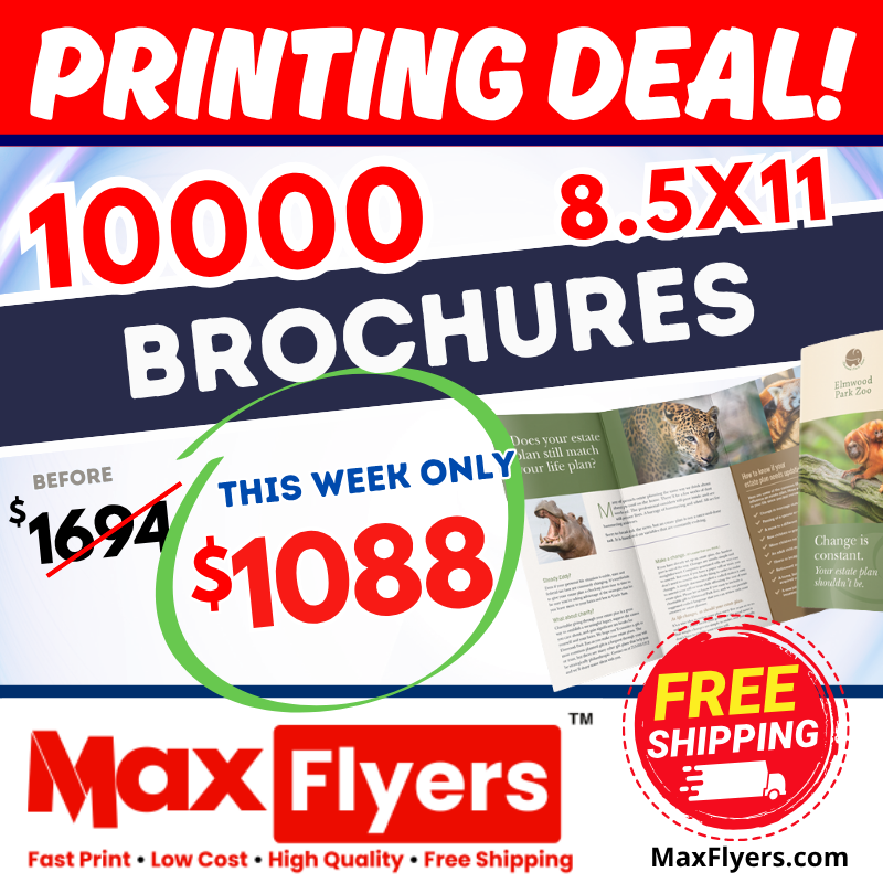 10000 8.5x11 Brochures trifold 100# Gloss Text Full Color 2 Sides