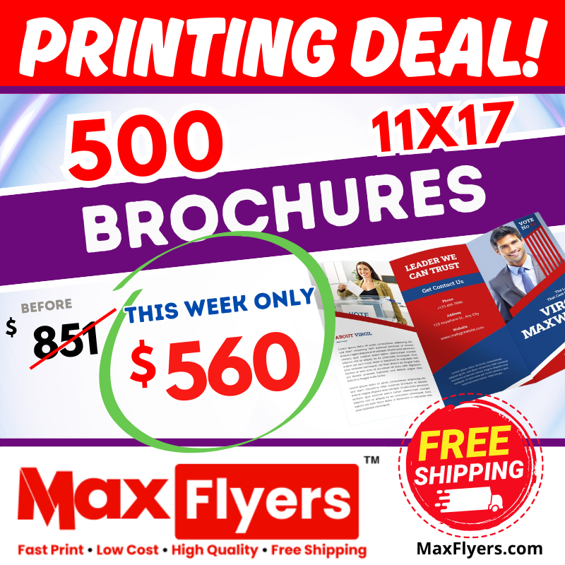500 11x17 Brochures trifold 100# Gloss Text Full Color 2 Sides