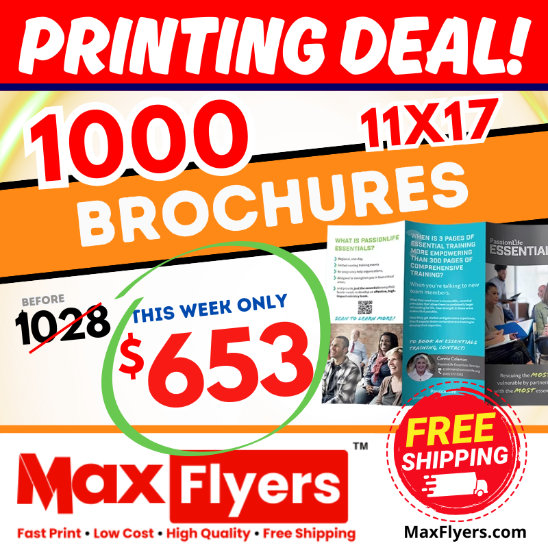 1000 11x17 Brochures trifold 100# Gloss Text Full Color 2 Sides