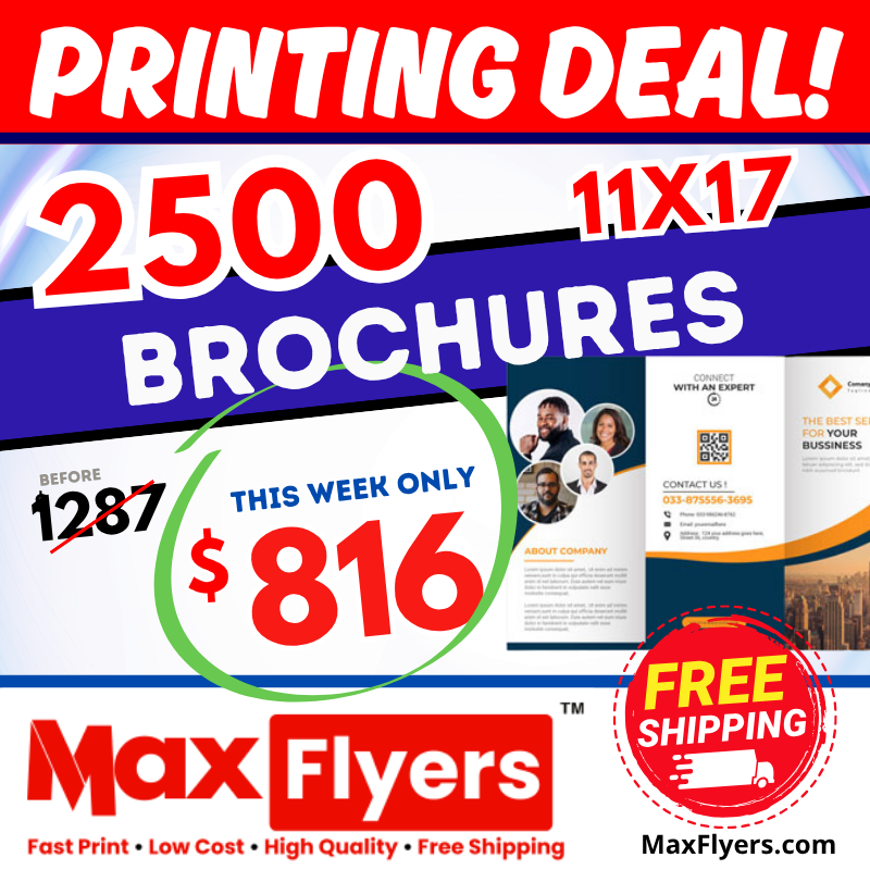 2500 11x17 Brochures trifold 100# Gloss Text Full Color 2 Sides