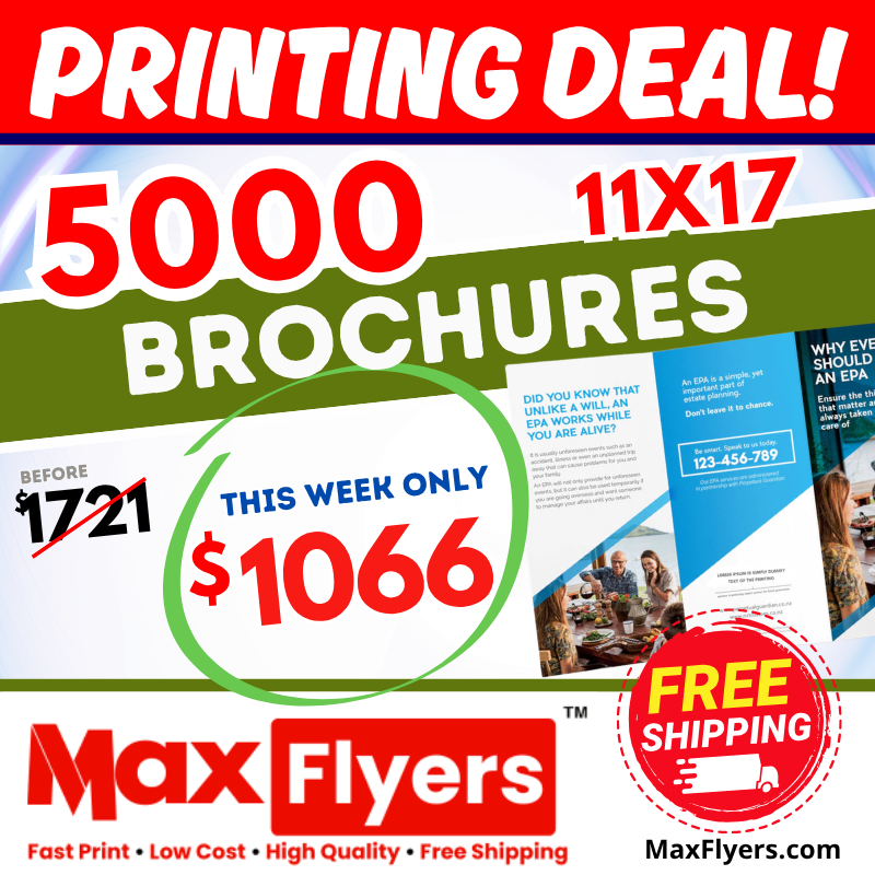 5000 11x17 Brochures trifold 100# Gloss Text Full Color 2 Sides