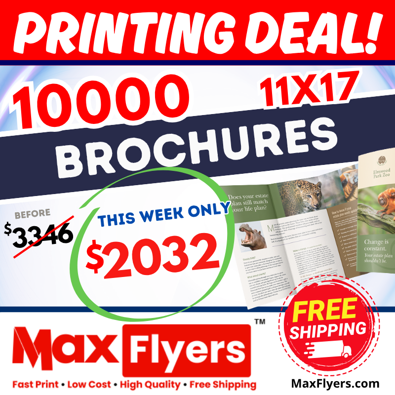 10000 11x17 Brochures trifold 100# Gloss Text Full Color 2 Sides