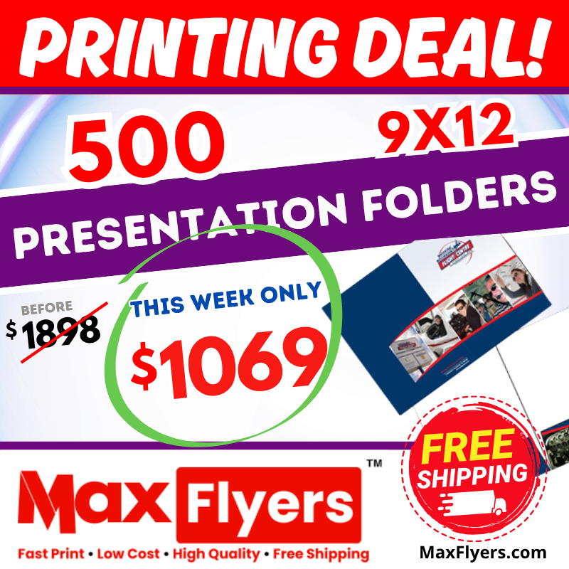 500 9x12 Pocket Presentation Folders 14pt Text Full Color 1 Side only no back side