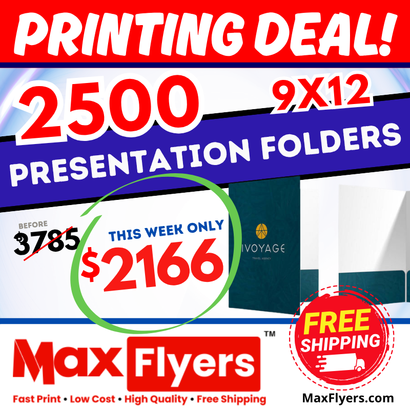 2500 9x12 Pocket Presentation Folders 14pt Text Full Color 1 Side only no back side